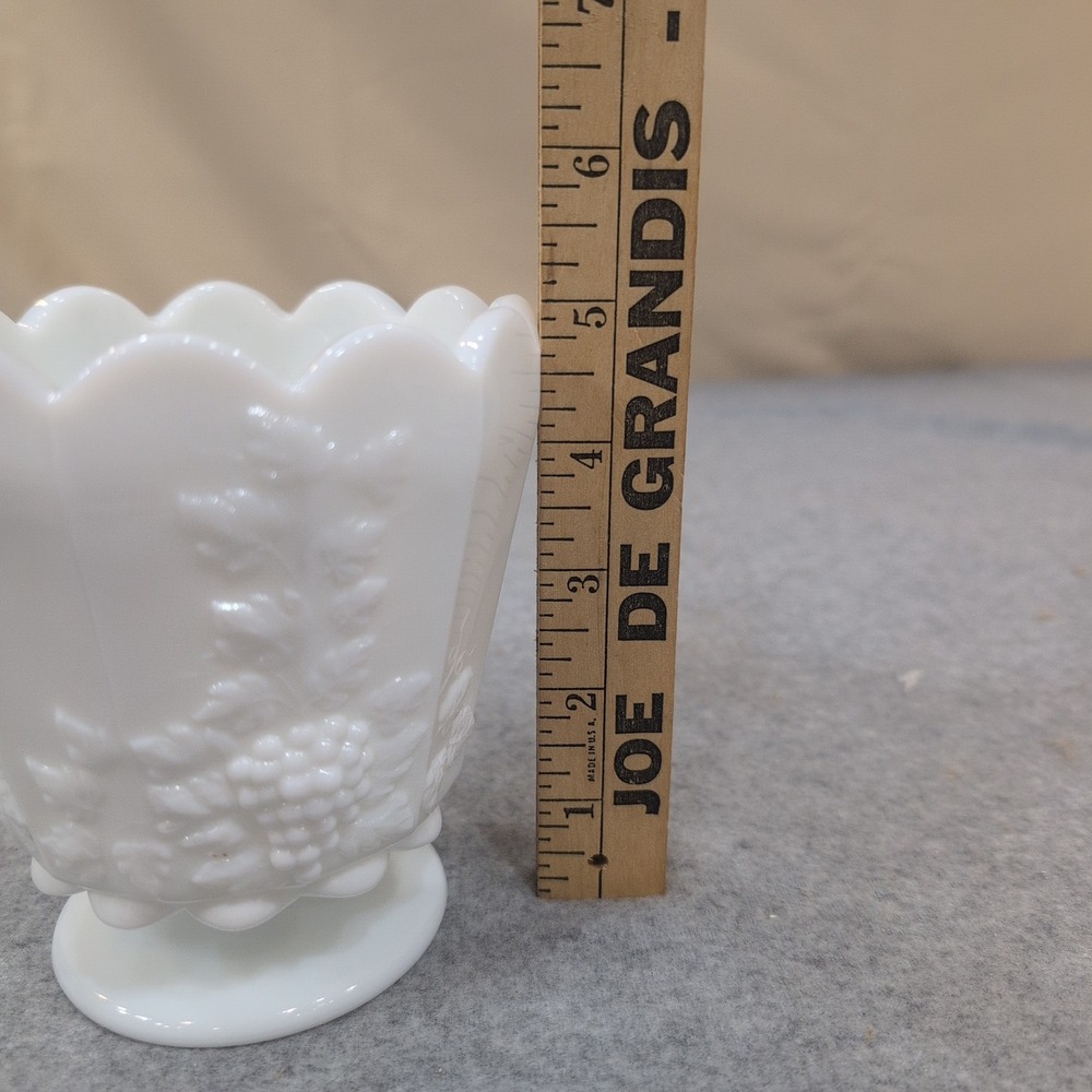 Vintage White Milk Glass Paneled Grape Footed Vase Scalloped Rim - Picture 6 of 7